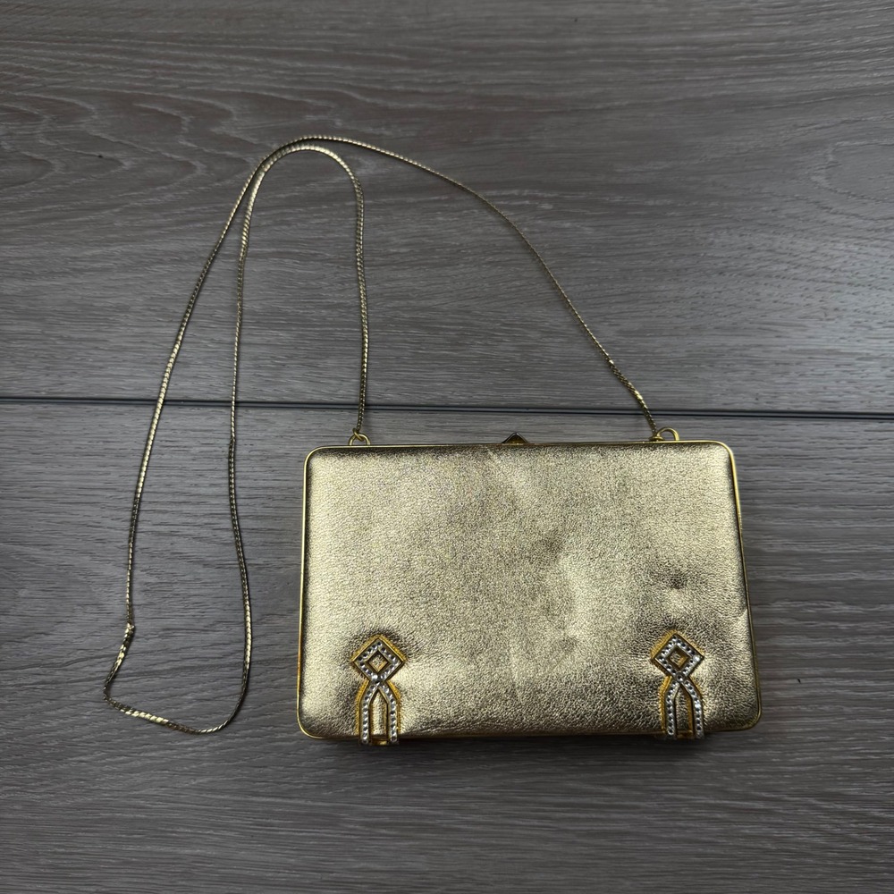 Judith Leiber Womens Evening Clutch Bag Rhinestone Metallic Gold Small